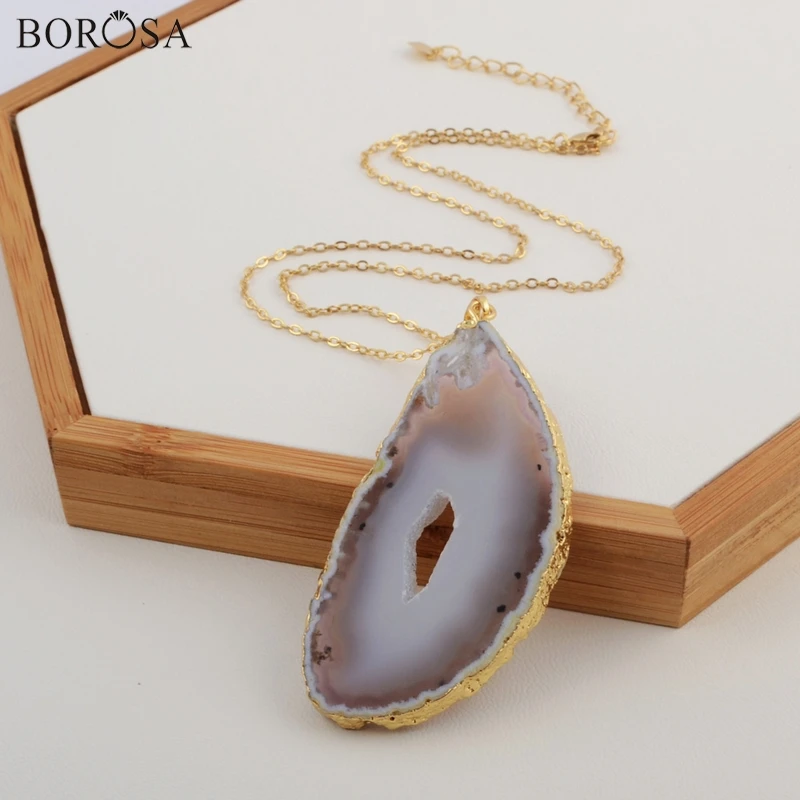

BOROSA Brand Gold Color Natural Onyx Agates Druzy Geode Slice Jewelry 26inch Link Chain Necklace CL104