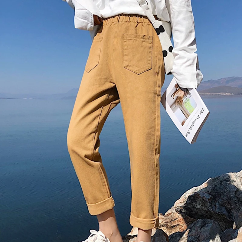 

five colors Straight woman's jeans vintage casual loose jeans woman spring autumn fashion big pocket elastic high waist jeans