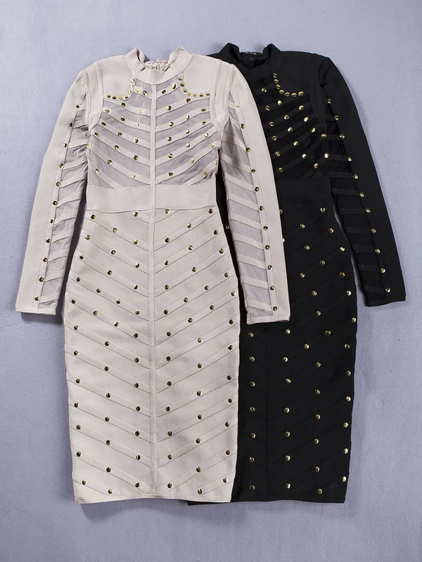 

2016 high quality new sexy fashion women wholesale nude black long sleeves studded beaded bandage dress party Dress + suit