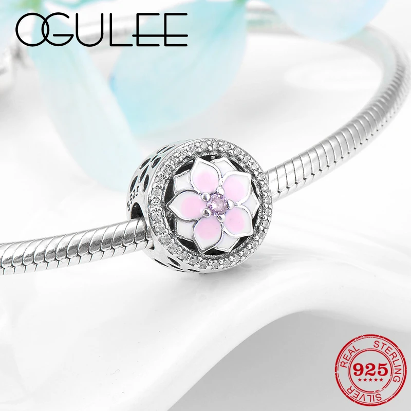 

Authentic 925 Sterling Silver Fine Pink enamel Magnolia flower DIY Jewelry beads Fit Original Pandora Charm Bracelet making