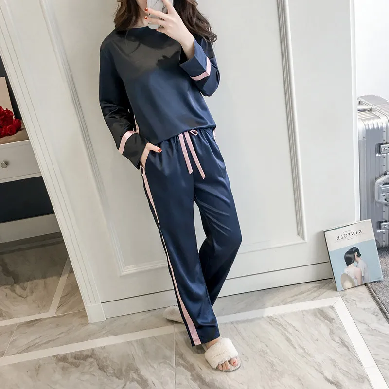 

Pajama suit female pink silk long-sleeved pyjamas trousers women's nightwear set autumn female sleeowear suit homewear