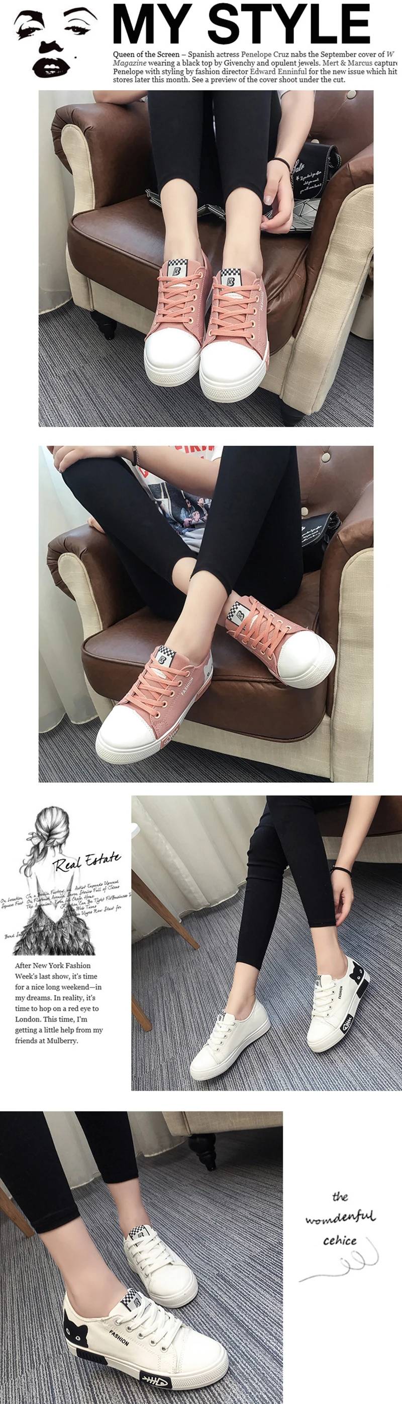 Women Flat Cartoon Canvas Shoes Lace Up Student Board Shoes (1)