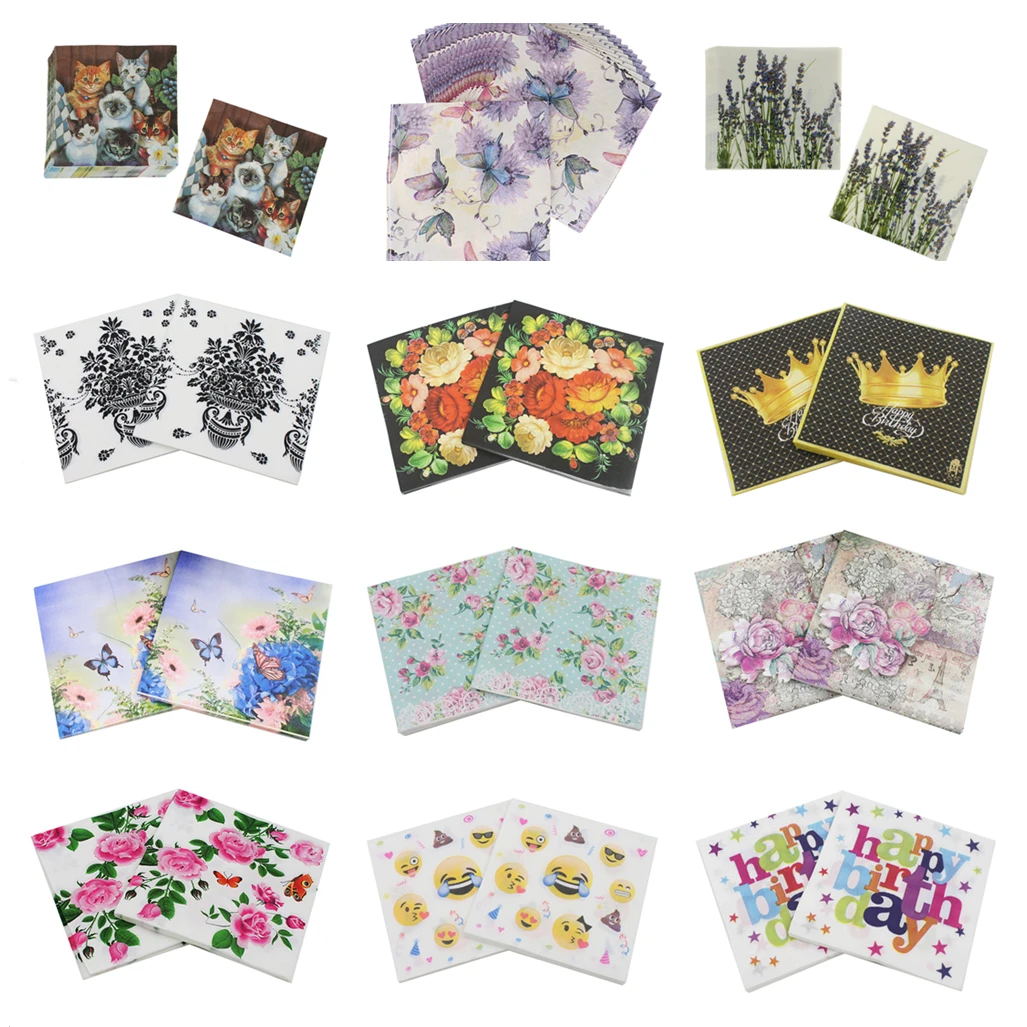 

20pcs 29 styles flowers Rose butterfly happy birthday Paper Napkin For Wedding Baby Birthday Home Decoration Supplies