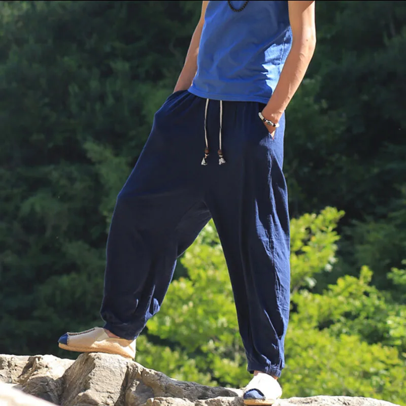 Китайский стиль, мужские льняные брюки для мытья воды, мужские свободные и свободного размера плюс, повседневные штаны-шаровары, тонкие шаровары с эластичной талией, мужские брюки