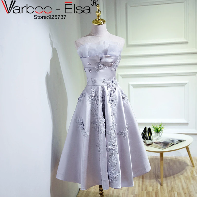 

Masquerade Dresses New Prom Dresses Short Cocktail Dresses Flower Appliques Strapless Sleeveless Tea Length Prom-Dresses-Cheap