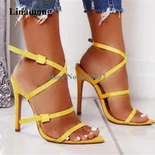 Новейшие летние женские Модные Босоножки с открытым острым носком на шпильке, желтые, Красные босоножки на высоком каблуке с ремешками и пряжками, модельные туфли на каблуке