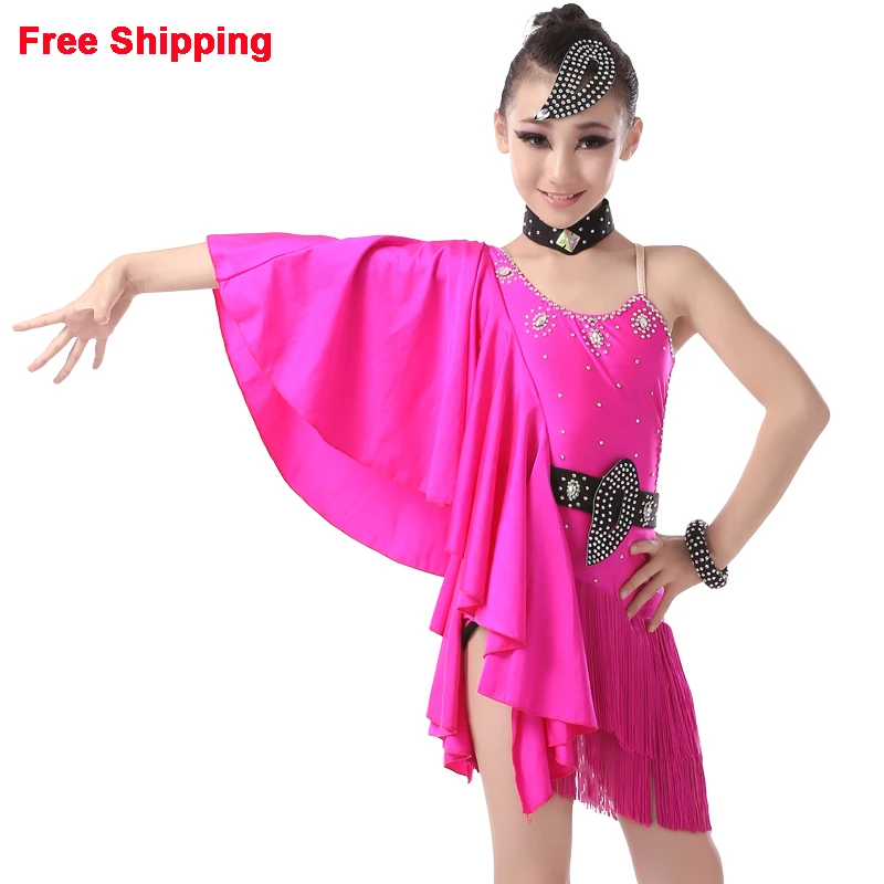

Professional Sexy Backless Asymmetrical Latin Fringe Dress Girls Children Kids Sequin One Bat Sleeve Dancing Stage Clothes