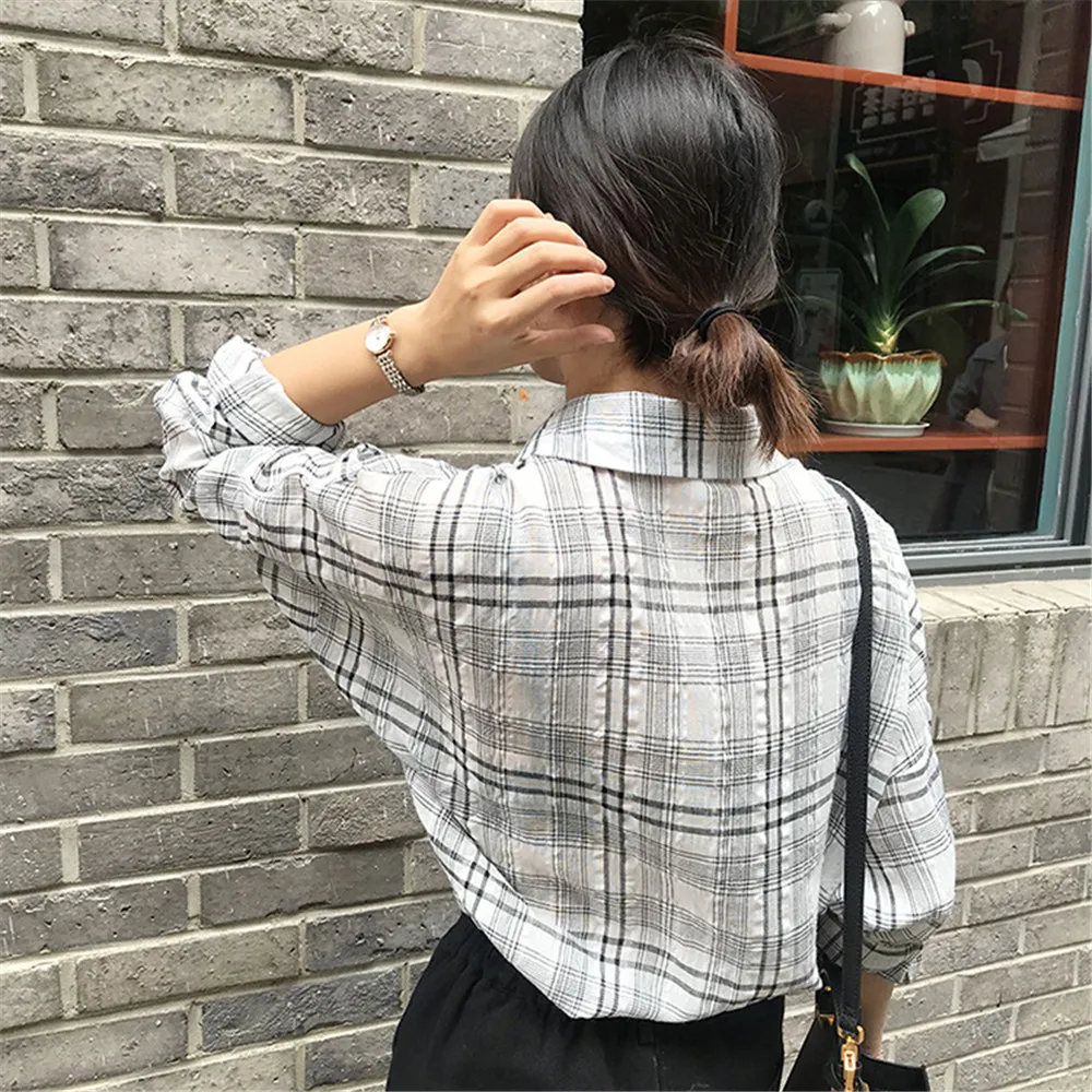  Wide Shoulder Plaid Women Blouses 2018 Autumn Linen Big Chest Plaid Shirts Loose Women Top Blusas Lantern Sleeve Clothing (19)