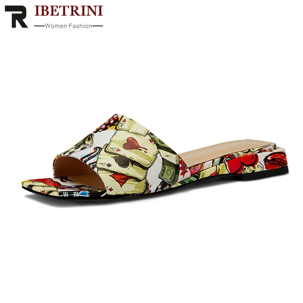 

RIBETRINI 2019 Fashion New INS Hot Print Slippers Women Summer Genuine Leather Shoes Slippers Women Shoes Woman Size 33-40
