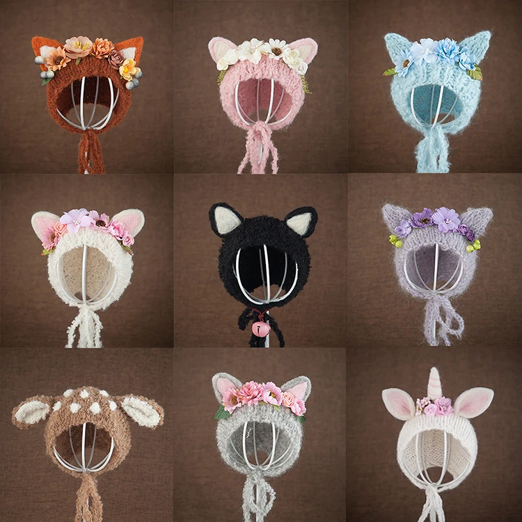 

Newborn baby photography props cute felted cat dog ears deer ears with flower photography props hat