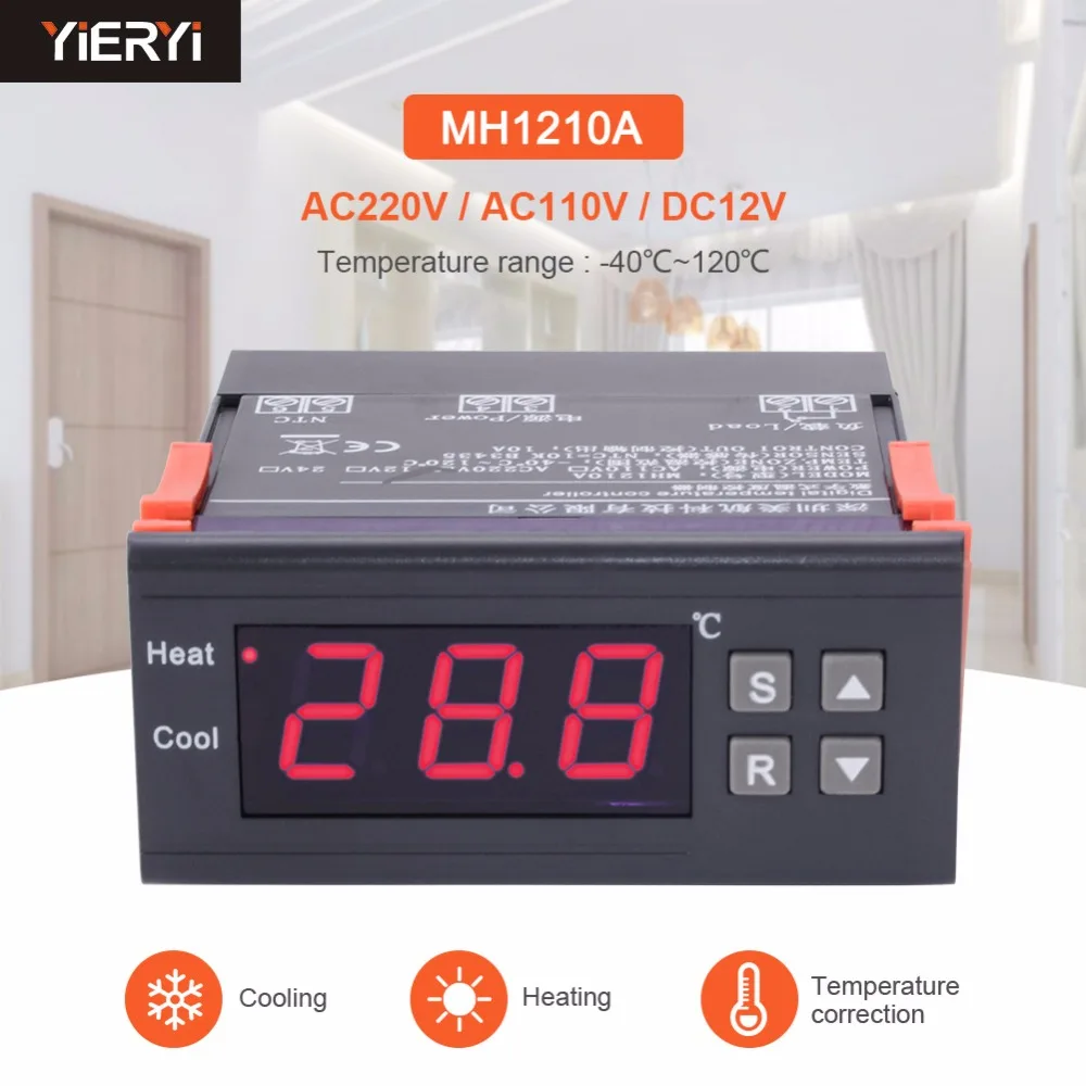 

Цифровой регулятор температуры MH1210A, 12 В переменного тока, 110 В переменного тока, 220 В, Мини цифровой строительный термостат с датчиком и зондом