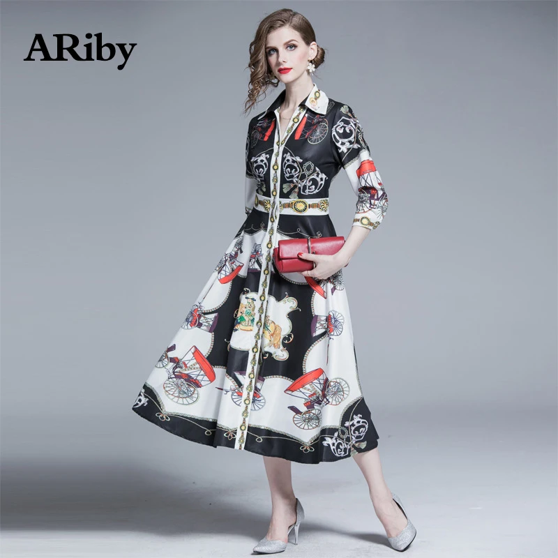 A-line Dress Slimming Black Dress 2019 Summer New Fashion High Street Printed Temperament Single-breasted V-Neck Mid-Calf Dress A-line Dress Slimming Black Dress 2019 Summer New Fashion High Street Printed Temperament Single-breasted V-Neck Mid-Calf Dress
