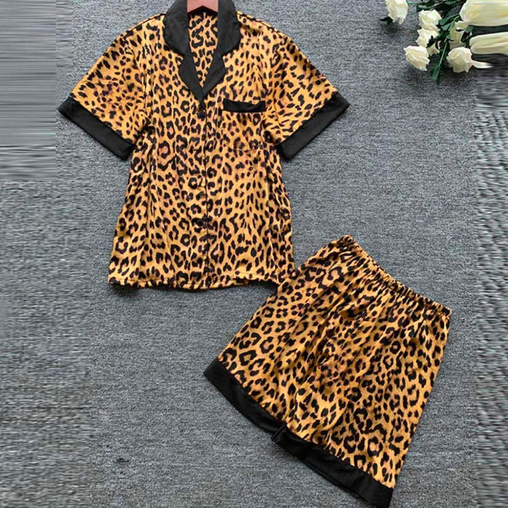 Women Leopard Print Simulation Silk Pajamas Sleepwear Nightwear Set