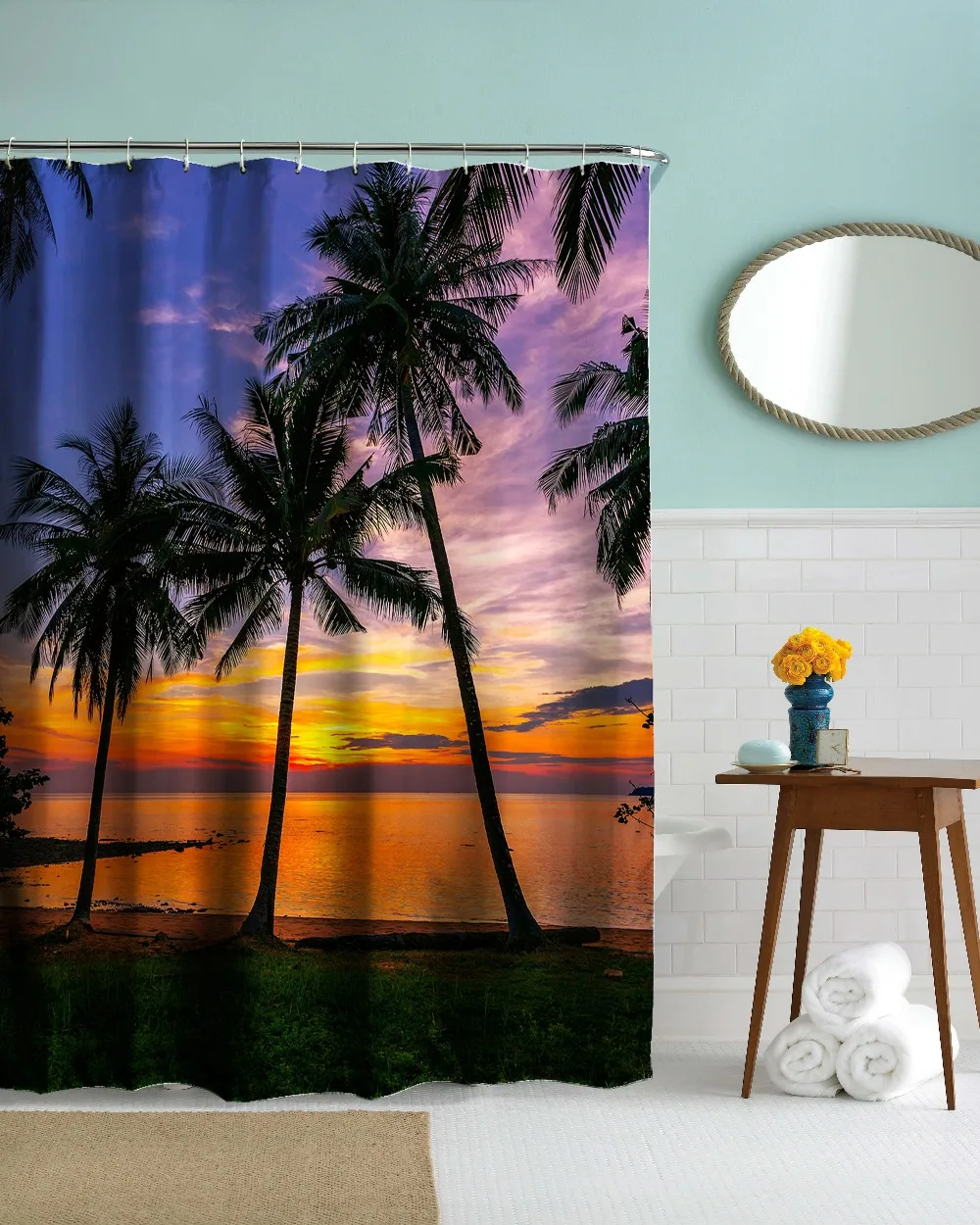 3D Sea Palm Tree Waterproof Shower Curtains Bathing Polyester Fabric