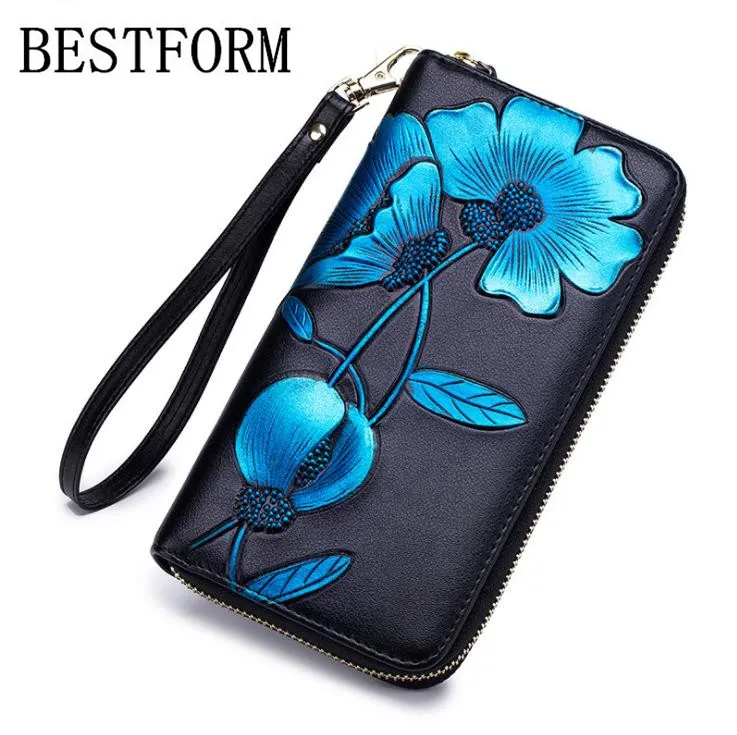 

100% leather wallet 2019 new wallet ladies long leather zipper wallet fashion personality Bauhinia leather wallet
