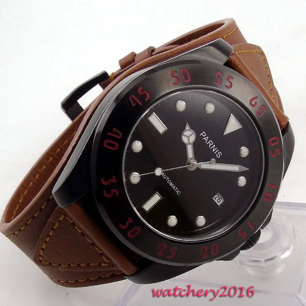 

43mm Parnis black dial PVd case luminous marks Sapphire Glass Complete Calendar miyota automatic movement Men's business Watch