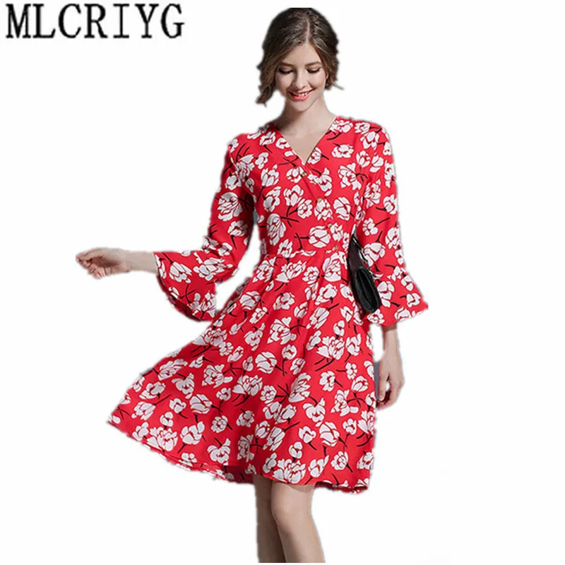 2019 Summer Dress Women Floral Printing Chiffon Beach Female Flare Sleeve Women's Dresses Robe Femme sundress YQ038 | Женская одежда