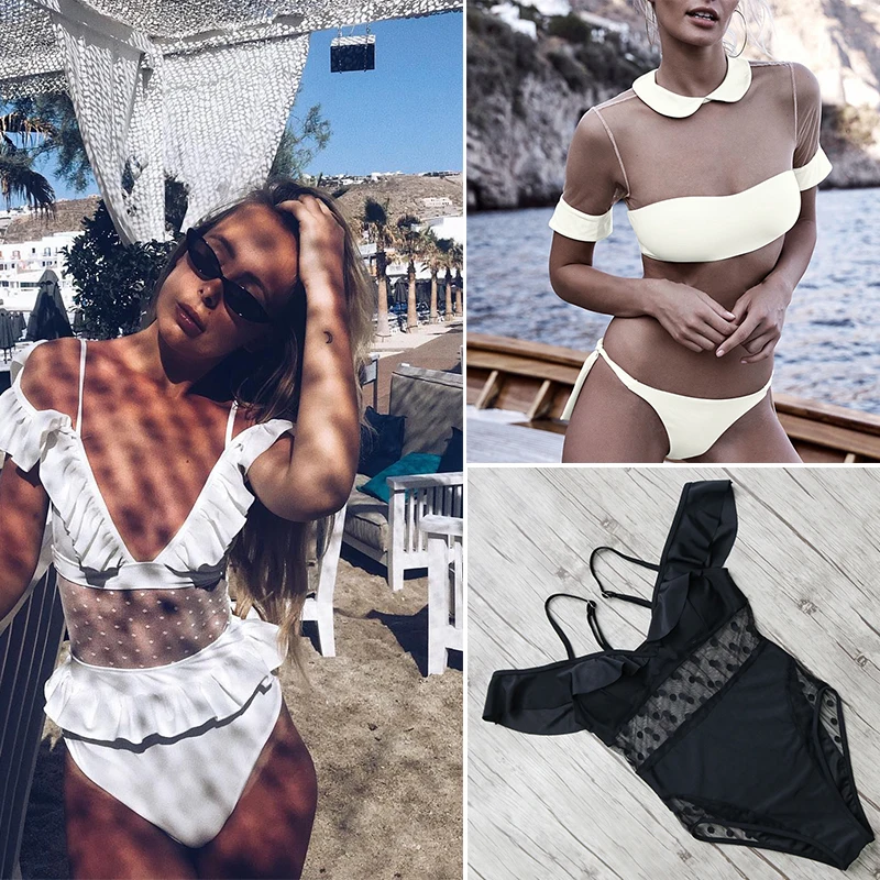 

2019 New Swimsuit Black Mesh One Piece Swimsuit Women Cut Out Monokini Bikini Sets Lace See Through Swimwear Female Bathingsuit