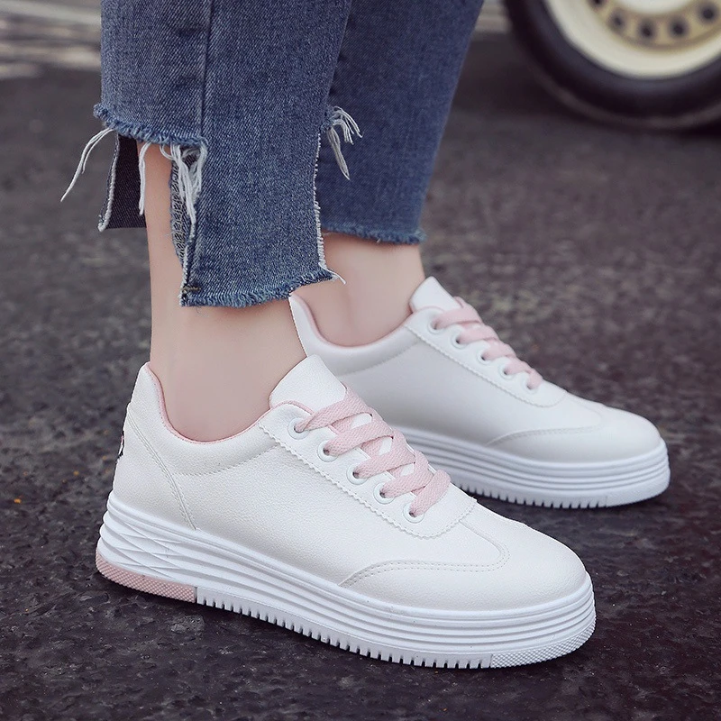 2018 nuevos tenis primavera feminino con cordones zapatos blancos Mujer cuero de PU sólido zapatos de mujer casual zapatillas|Zapatos vulcanizados de mujer| AliExpress