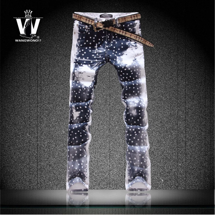 Original news Jeans small fresh colored drawing flower slim pants Korean star trousers mens top brand