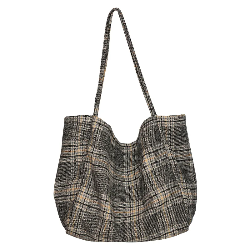 Women Woolen Canvas Bags Scottish Pattern Vintage Plaid Female Large Capacity Big Tote Handbag Ladies Casual Shoulder Bag 