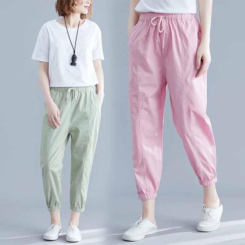 

#0634 Summer Casual Harem Pants Women Drawstring Waist Cotton Linen Pants Thin Ankle-length Pink Black Korean Ladies Trousers