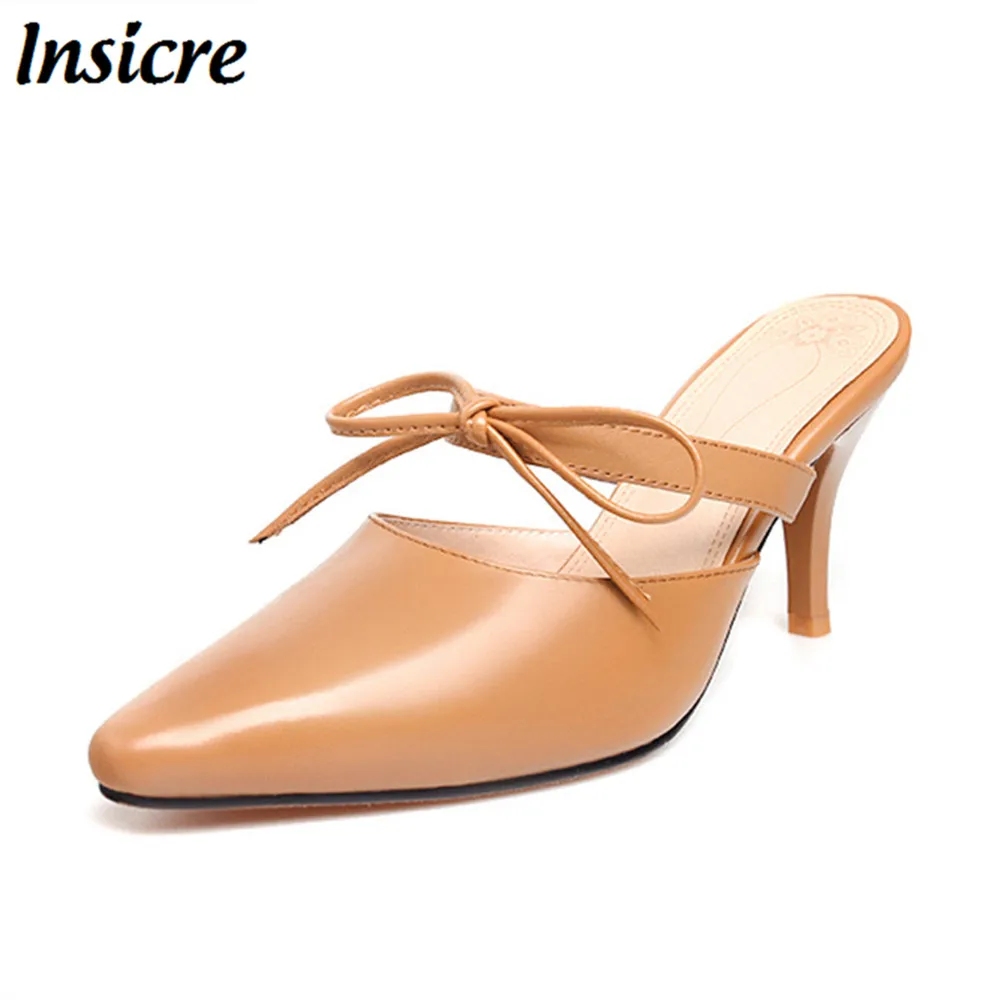 

Insicre New fashion Genuine Leather High Heels Women Slipper Pointed Toe Thin Heels Bowknot Footwear Summer Fashion Ladies Mules