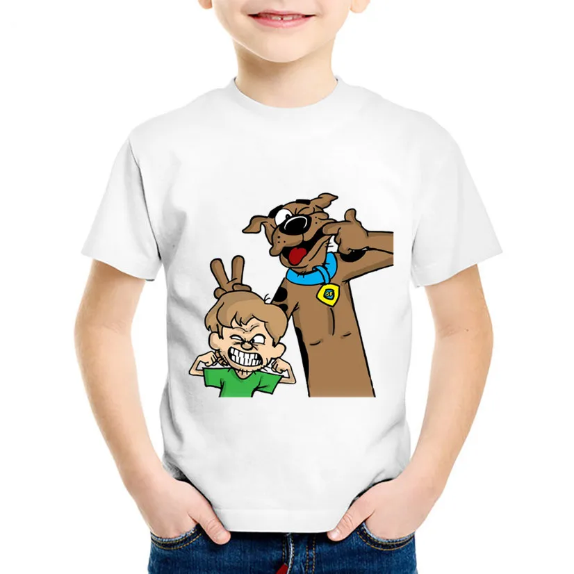 Забавная детская футболка с мультипликационным принтом «Скуби Ду и мохнатая», Детская летняя футболка с принтом «Тайна машины», топы для мальчиков и девочек, одежда для малышей, HKP5086