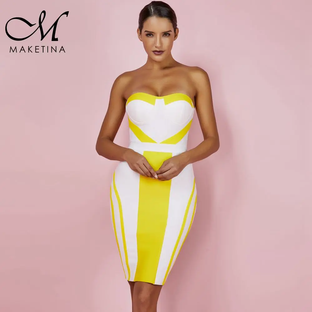 Женское Бандажное платье Maketina желтое облегающее без рукавов бретелек лето 2019 |