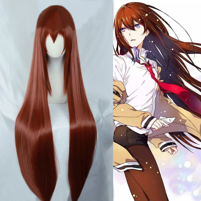 

Steins Gate Makise Kurisu Christina 100CM Long Straight Auburn Heat Resistant Synthetic Hair Cosplay Costume Wig + Free Wig Cap