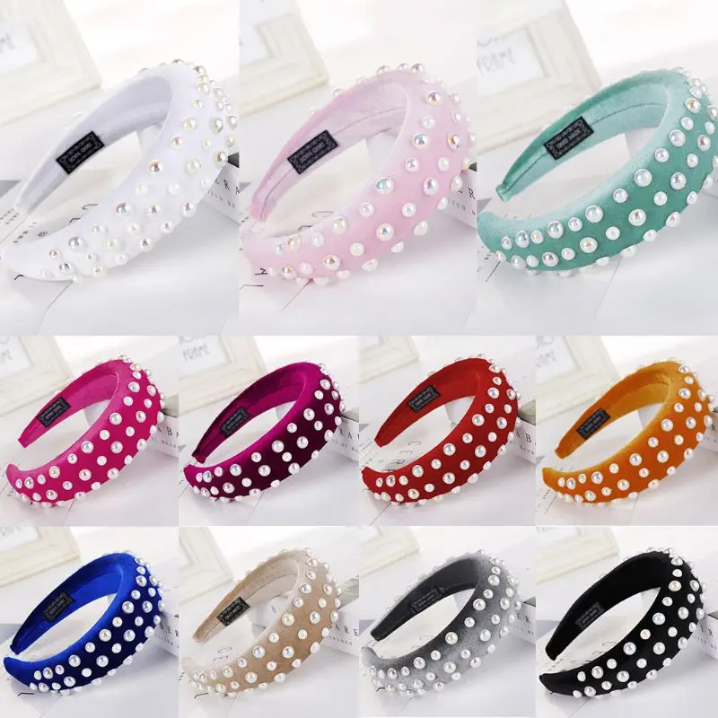 

Women Thicken Pad Wide Sponge Headband Three Rows Glitter Imitation Pearl Beaded Hair Hoop Retro Banquet Party Jewelry Headpiece