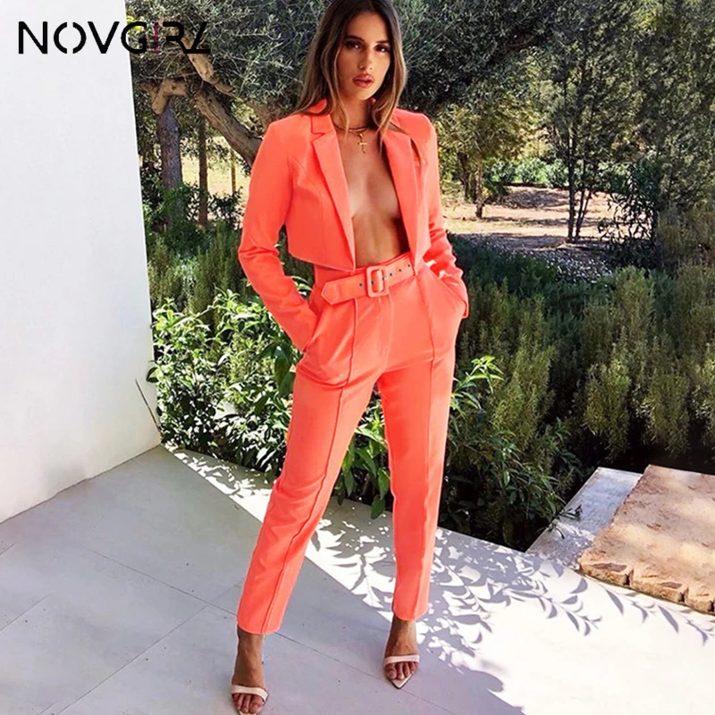 

Novgirl Fashion Blazer Tops Straight Pants Two Piece Set Women 2019 Autumn Winter Long Sleeve Casual Neon Tracksuit Outfit Suit
