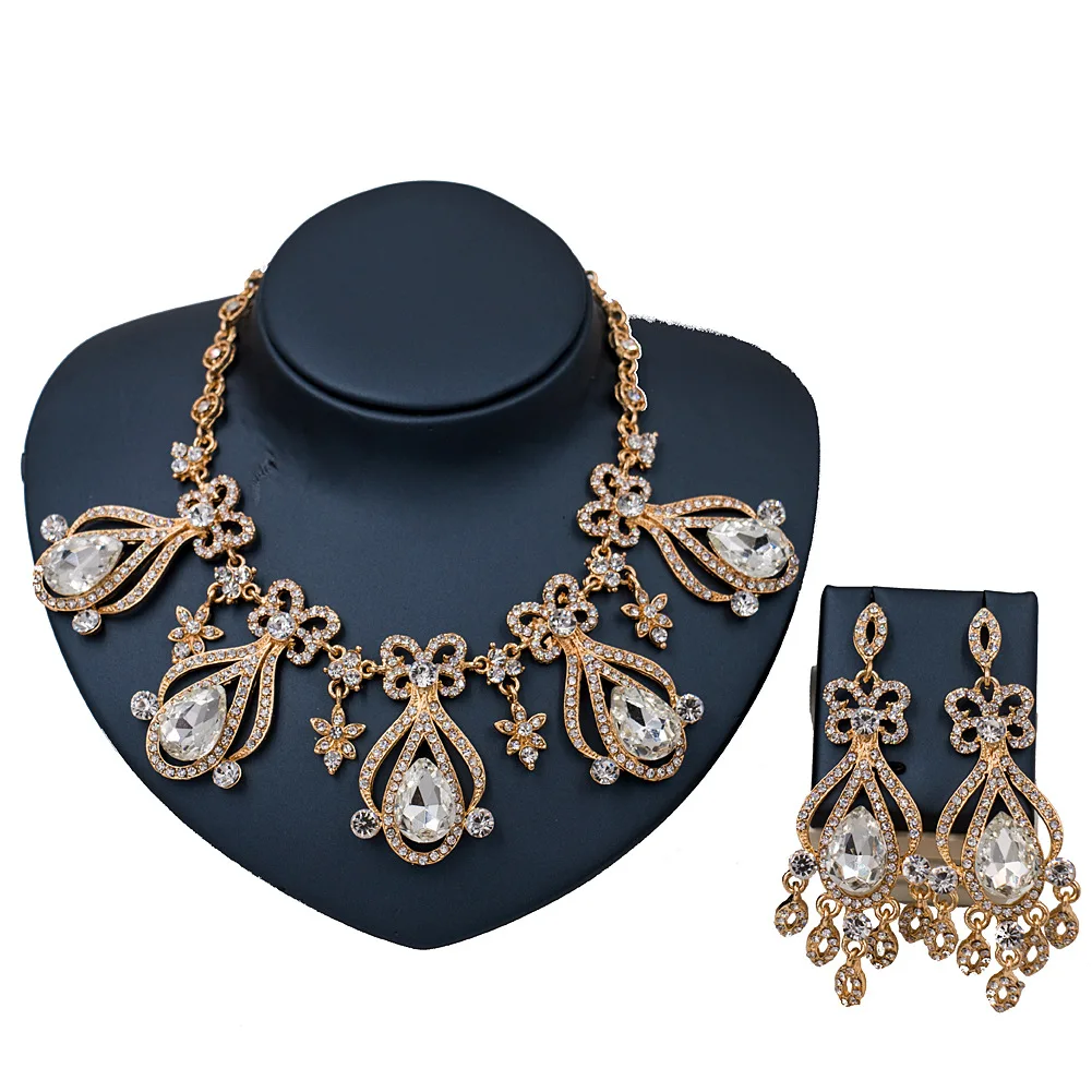 Dealky New Fashion Necklace Set Jewelry Gold Rhinestone Glass Costume