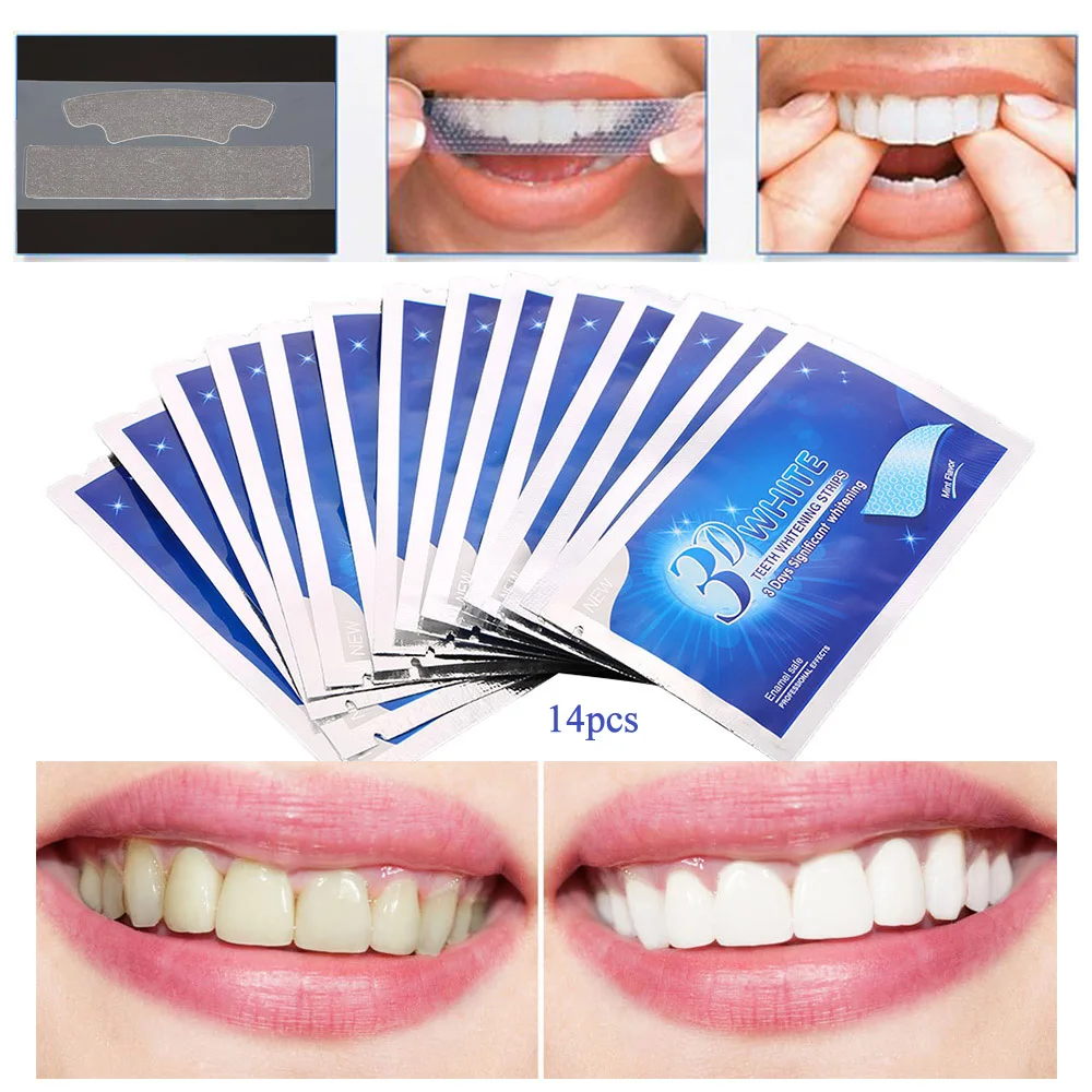 Afbeeldingsresultaat voor 28 Stuks/14 Paar 3D White Gel Tanden Strips Mondhygiëne Care Dubbele Elastische Tanden Strips Whitening Dental bleken Gereedschap
