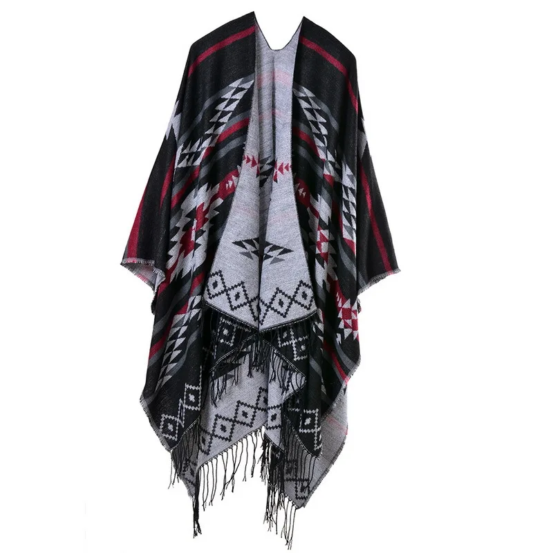 Удлиненная и плотная кашемировая шаль для путешествий с геометрическими ромбовидными кисточками, плащ abrigos mujer invierno - Цвет: black