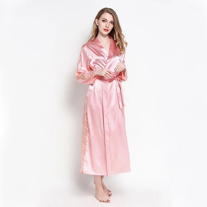 

Hot Sale Pink Women Long Nightwear Sexy Wedding Bride Bridesmaid Robe Satin Home Dress Lace V-neck Nightgown For Lady One Size
