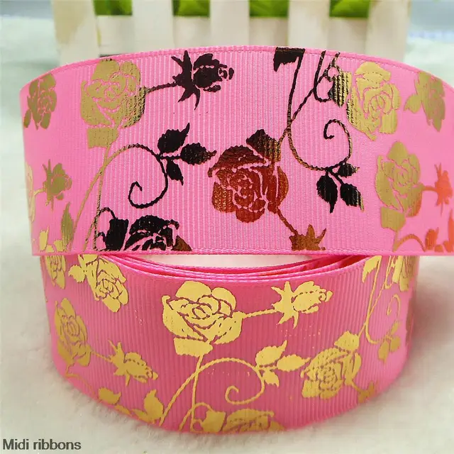 Gold Foil Ribbon 1 1/2" 38mm 50 Yards/Lot Gold Foil Rose Flower Printed