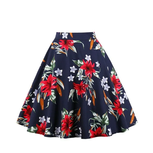 50s Vintage Woman Retro Red Rose Flower Bouquet Floral Print High Waist Midi Skirts Knee-Length Long Saia Feminina Ladies Skirt - Цвет: Picture color