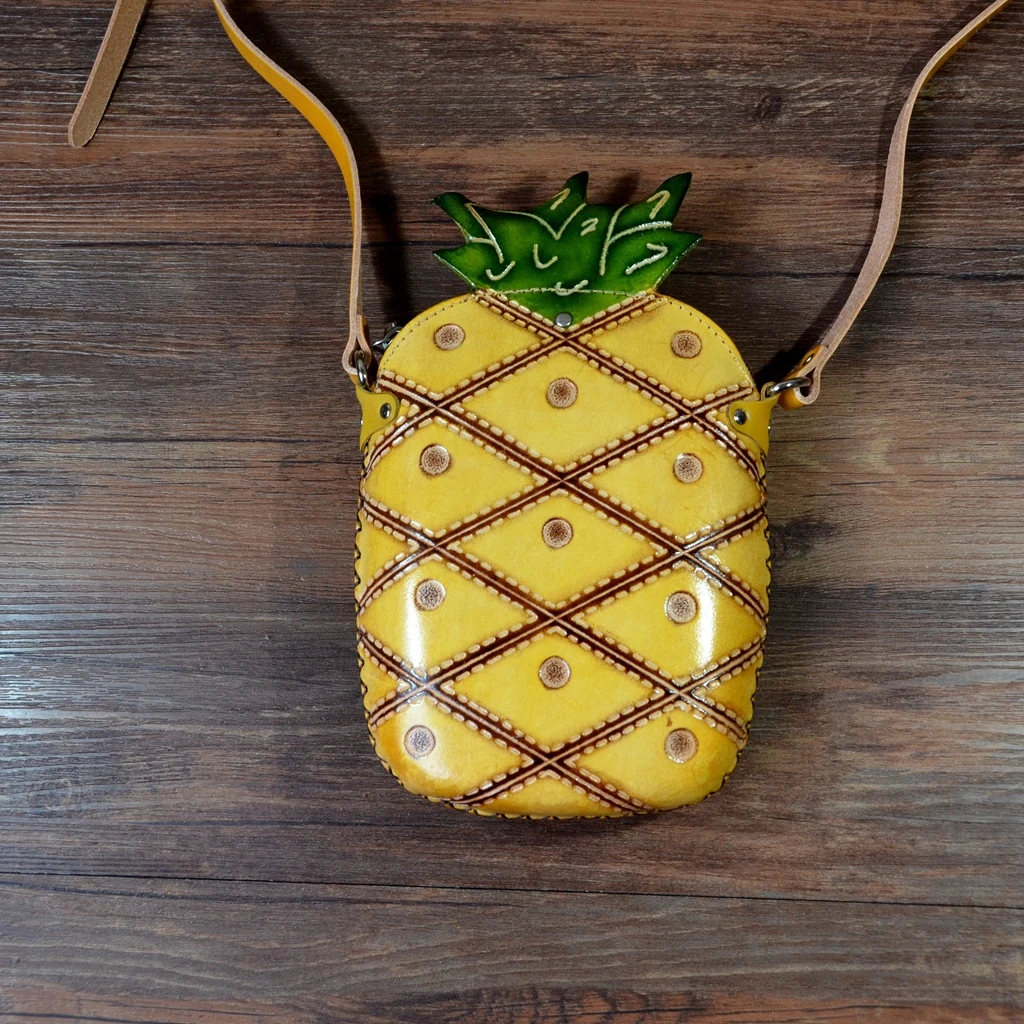 Сумка ручной работы из воловьей кожи, милая сумка с фруктовым ананасом, мини-сумка на плечо из натуральной кожи