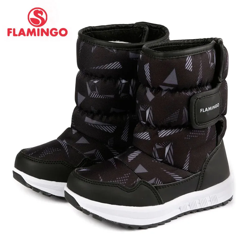 FLAMINGO warm winter new year kids shoes size 26- 31 anti-slip hoop & loop wool lining black boy snow boots 72D-NQ-0442