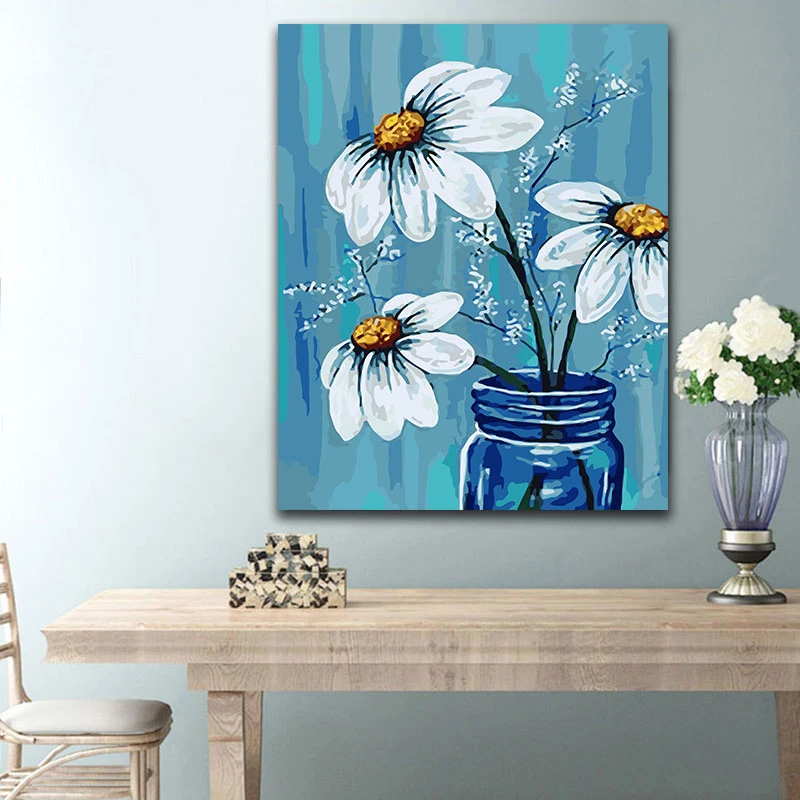 Vase A Colorier Avec Chiffres Bricolage D Images Avec Couleurs Marguerite Blanche Bleu Dessin Peinture Par Numeros Encadres Maison Aliexpress