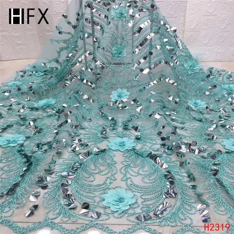 

HFX New Style French Net Lace Fabric 3D Flower African Tulle Mesh Lace Fabric High Quality With Sequins For wedding dress H2319