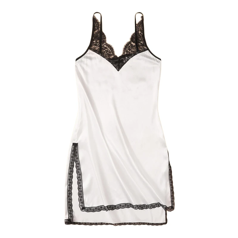 Женская ночная рубашка SHEIN с контрастной кружевной вставкой и разрезом по бокам, белые летние Ночные рубашки на бретельках,, сексуальная ночная рубашка
