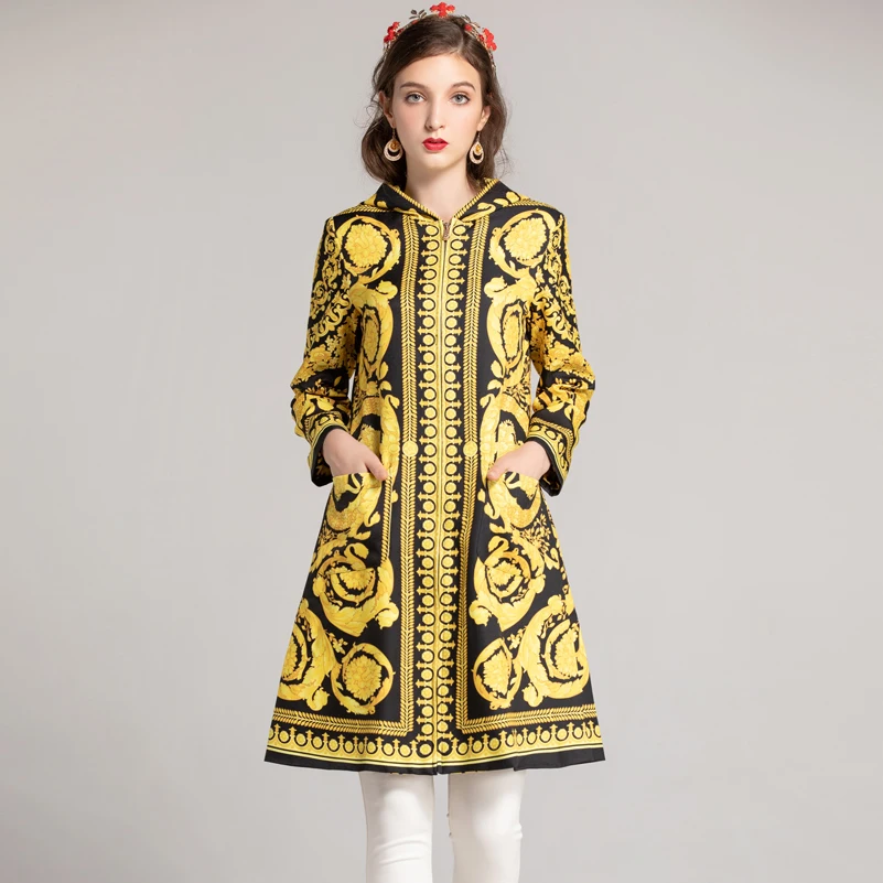 

Qian Han Zi Autumn/winter fashion runway coat Women's Long Sleeve Hooded Vintage Pattern Print Designer Trench