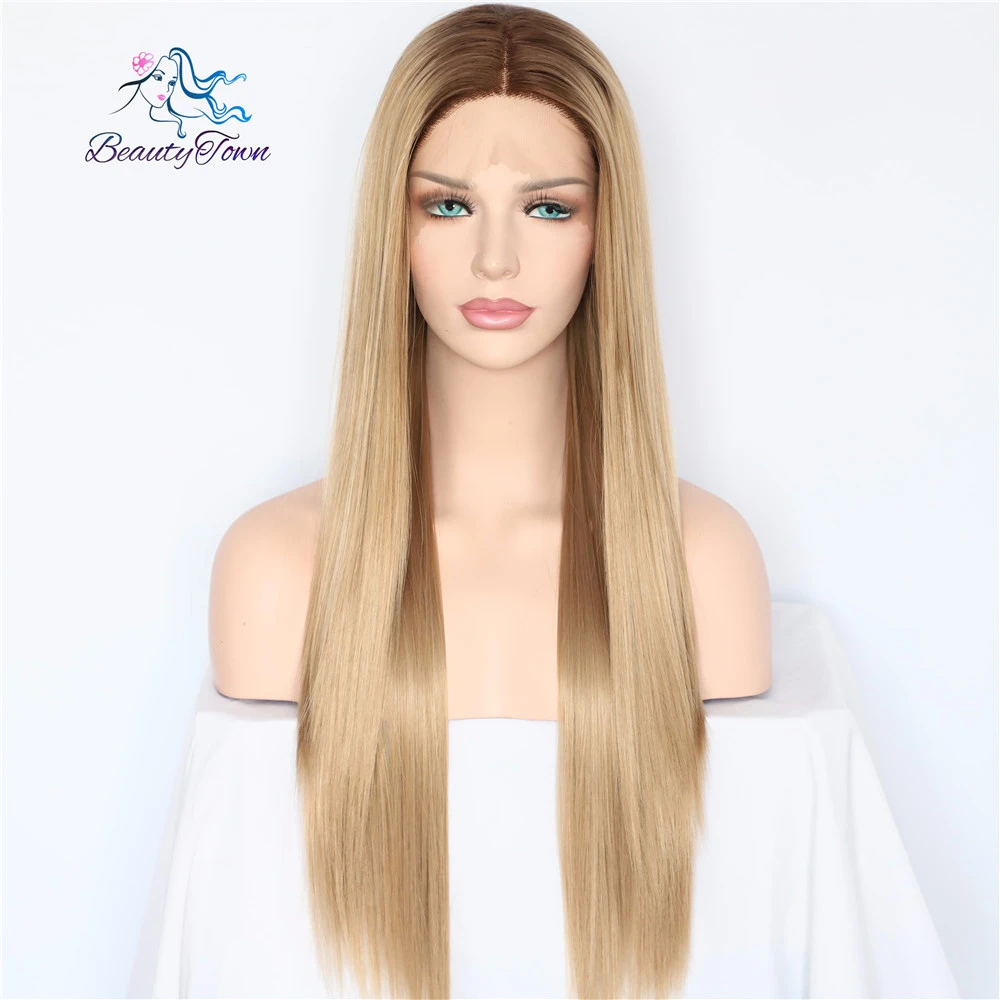 

BeautyTown Dark Brown Ombre Brown Daily Makeup Straight Style Heat Resistant Hair Wedding Party Gift Synthetic Lace Front Wigs