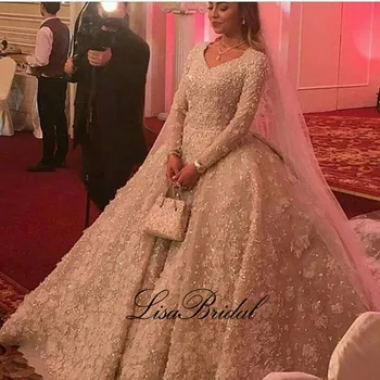 

Elegant New Design Long Wedding Dress 2017 V-neck Long Sleeves Ball Gown Chapel Train Lace Bride Dresses Robe de mariage