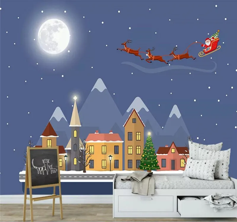 Custom 3d wallpaper fashion cartoon house night sky Santa Claus background wall decoration silk waterproof material Custom 3d wallpaper fashion cartoon house night sky Santa Claus background wall decoration silk waterproof material