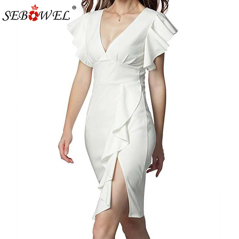 

SEBOWEL Plus Size Elegant Summer Ruffled Sleeve Dress with Zipper Woman Sexy V Neck Midi Dresses Chic Work Pencil Dresses S-3XL