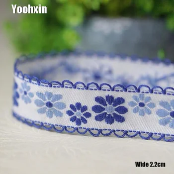 

2.2CM Wide HOT blue cotton Embroidery flower lace fabric trim ribbon DIY sewing applique collar cord wedding guipure cloth decor