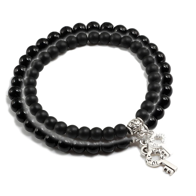 

Natural Stone Beaded Bracelets 6mm Colorful Round Beads Sliver Keys Pendant Elasticity Rope Strand Bracelets Women Men Jewelry